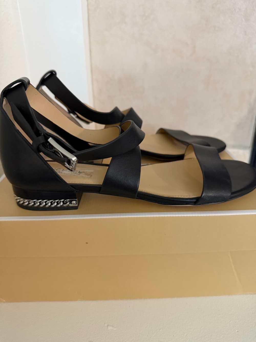 Michael Kors Sabrina Black Leather Chain-Trim Sandals